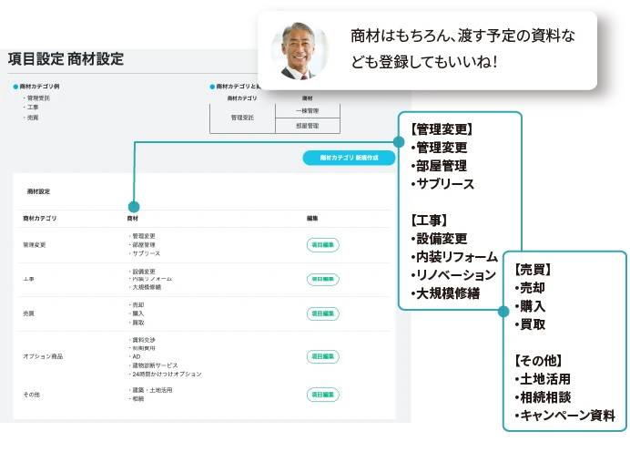 商材・サービスも自由にカスタマイズ登録 家主へ提案する全てのメニューを記録に残せますイメージ